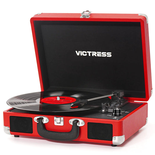 VICTRESS Red Vinyl Record Player Portable Suitcase